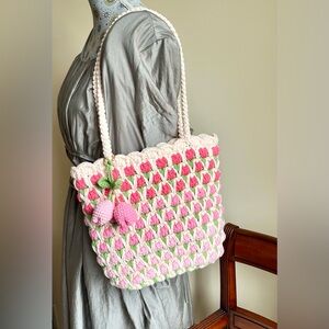 Pink & Green Crochet Shoulder Tote Bag with tulip Charm